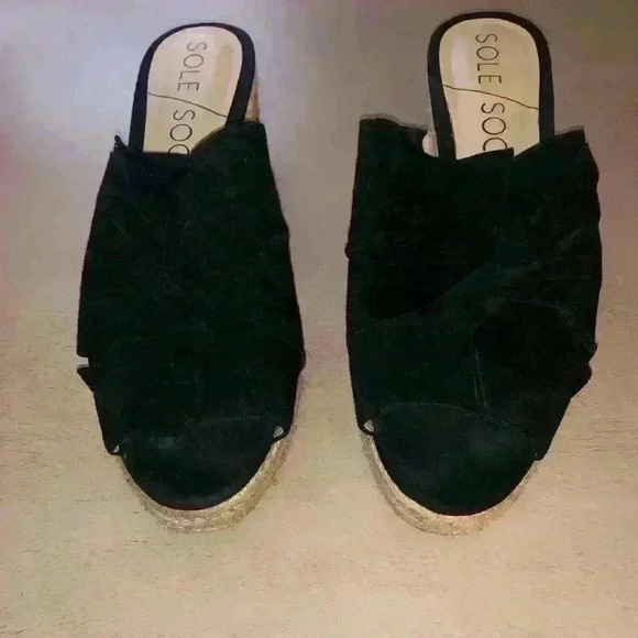 SOLE SOCIETY BLACK OPEN TOE WEDGE LEATHER SHOES SIZE 8,5 M - Picture 6 of 9